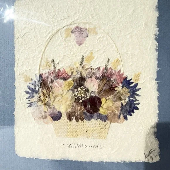 Framed Pressed Flower Art "Wildflowers" Signed 1992 Handmade Paper - Picture 4 of 5